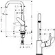 Hansgrohe Mischbatterie mit einem schwenkbaren Auslauf und einer Zugstangen-Ablaufgarnitur. Technische Zeichnung mit angezeigten Dimensionen und Montageinformationen.